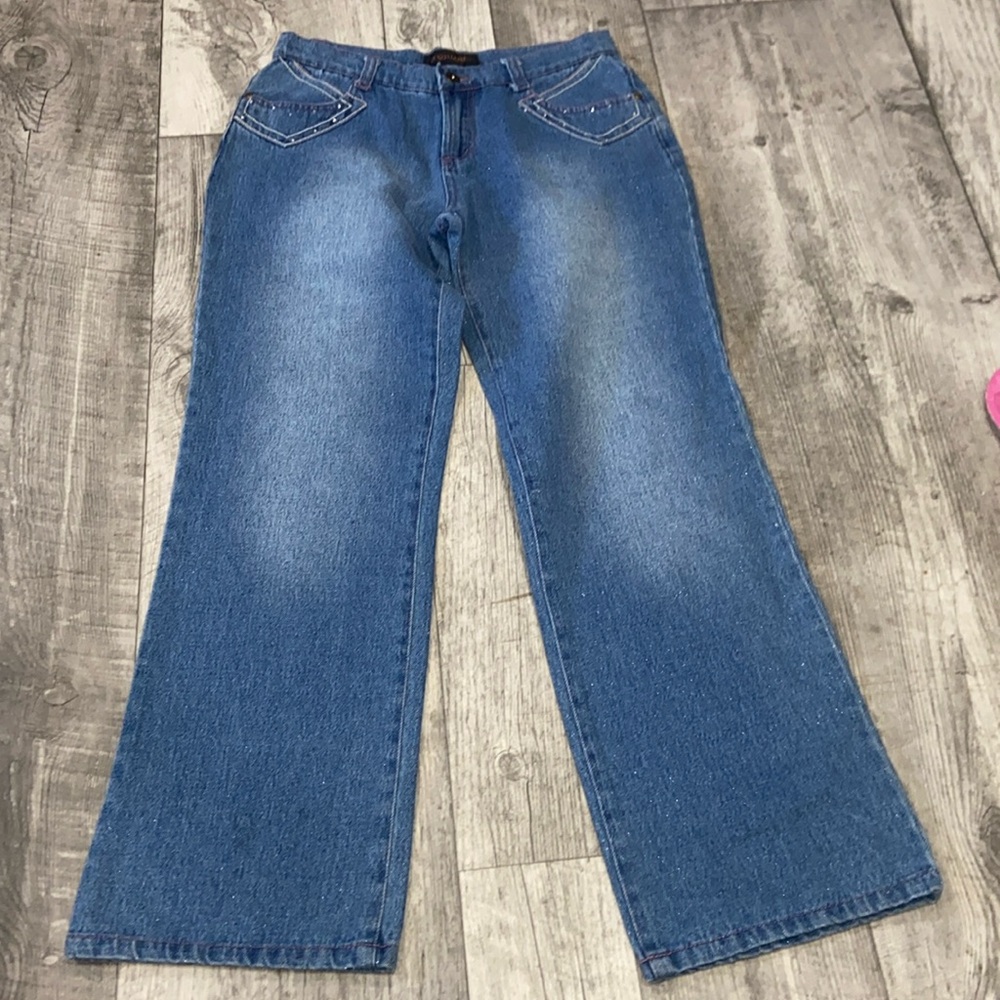 OVAL SQUARE JEANS GLITTER NWOT Embroidered Pockets Wide Legs 7/8 ANTHRO